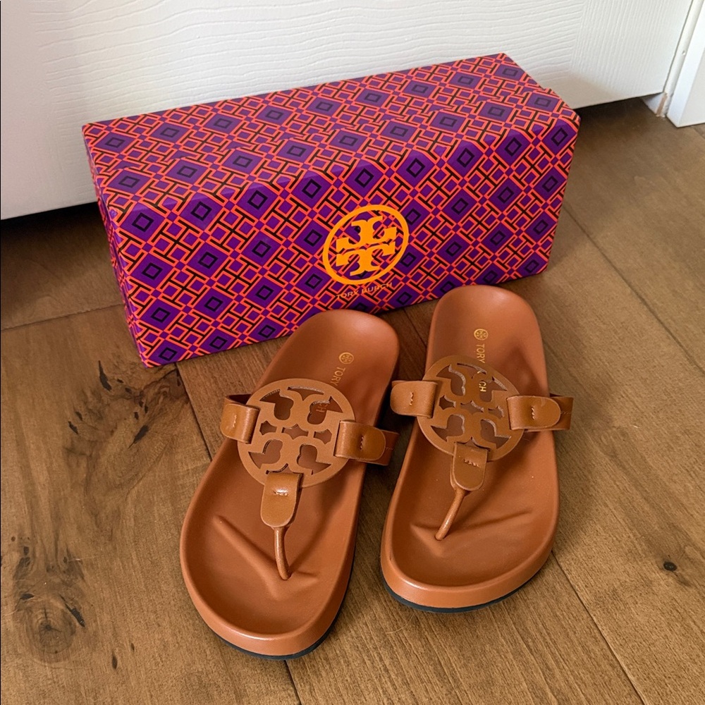 Tory Burch Tan Leather Slide Sandals